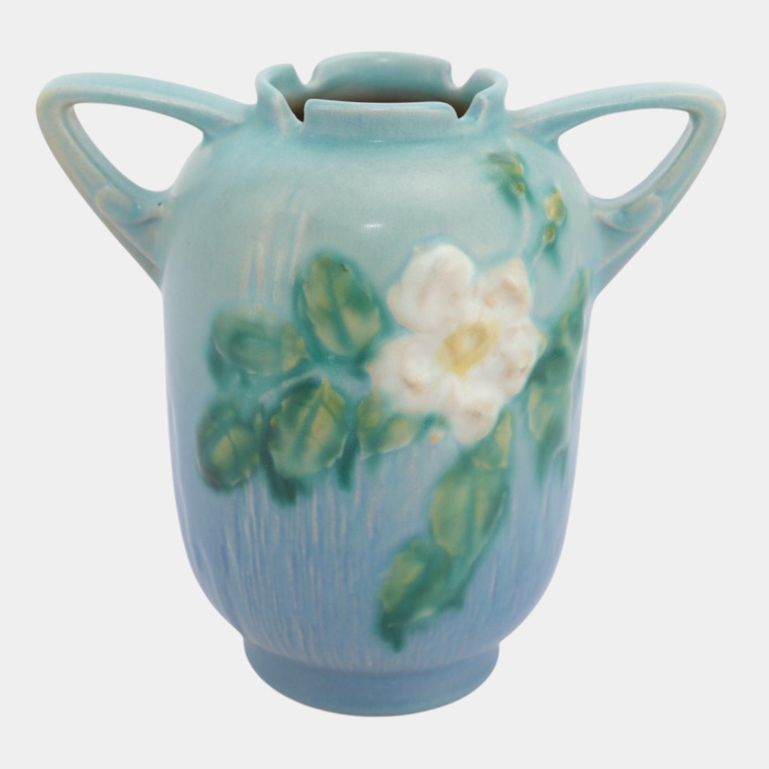 Roseville White Rose Blue 1940 Vintage Art Pottery Ceramic Vase 979-6