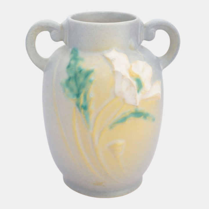 Roseville Poppy Blue 1938 Vintage Art Pottery Handled Ceramic Flower Vase 867-6