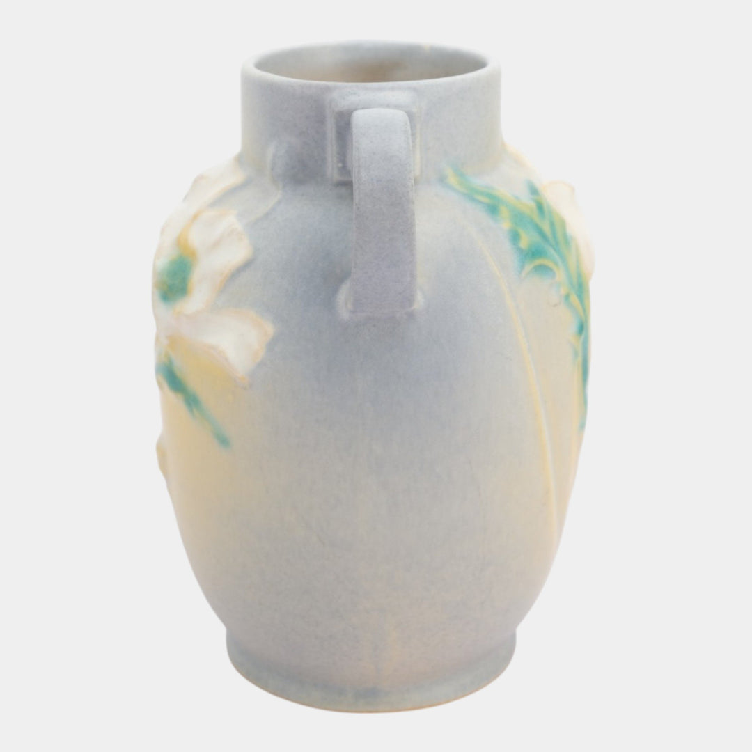 Roseville Poppy Blue 1938 Vintage Art Pottery Handled Ceramic Flower Vase 867-6
