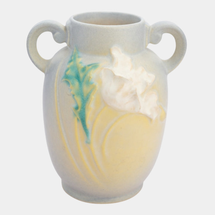 Roseville Poppy Blue 1938 Vintage Art Pottery Handled Ceramic Flower Vase 867-6