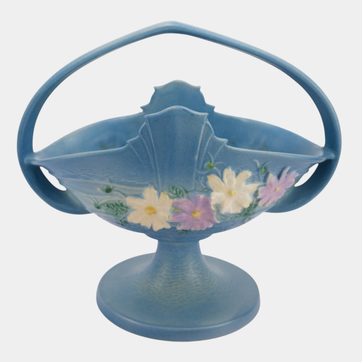 Roseville Cosmos Blue 1939 Vintage Art Deco Pottery Ceramic Basket 358-12