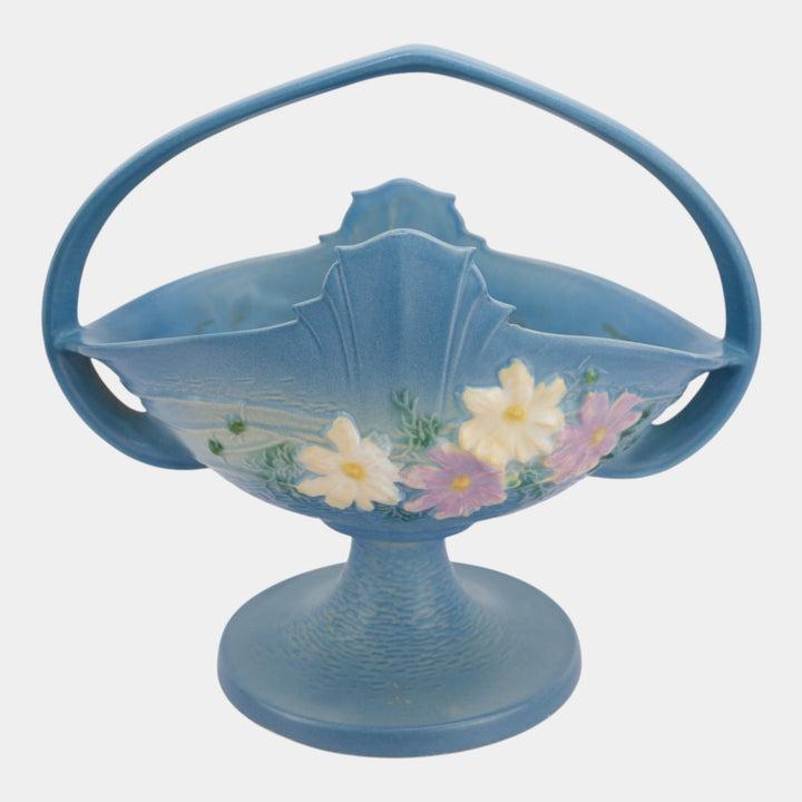 Roseville Cosmos Blue 1939 Vintage Art Deco Pottery Ceramic Basket 358-12