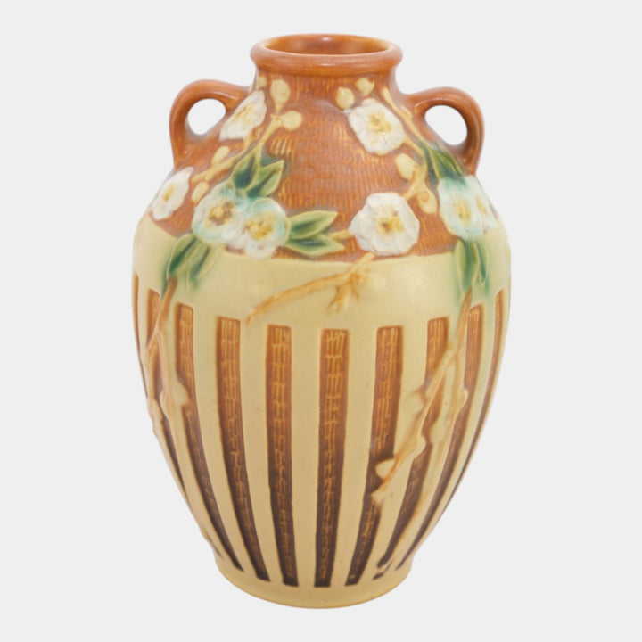 Roseville Cherry Blossom Brown 1933 Vintage Art Pottery Ceramic Vase 622-7