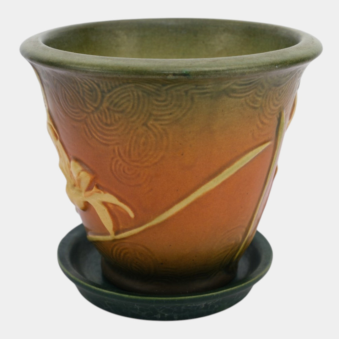 Roseville Zephyr Lily Brown 1946 Vintage Art Pottery Flower Pot Saucer 672-5