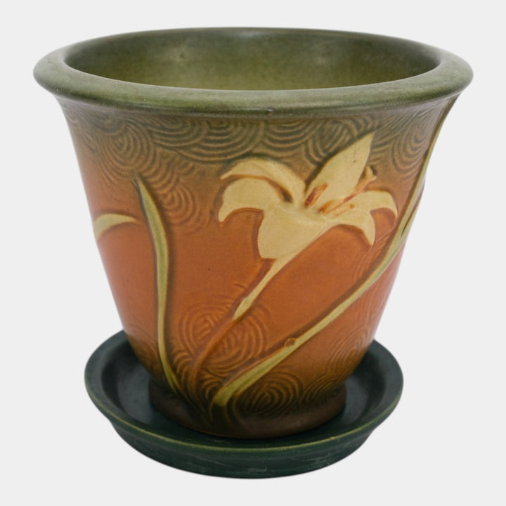 Roseville Zephyr Lily Brown 1946 Vintage Art Pottery Flower Pot Saucer 672-5