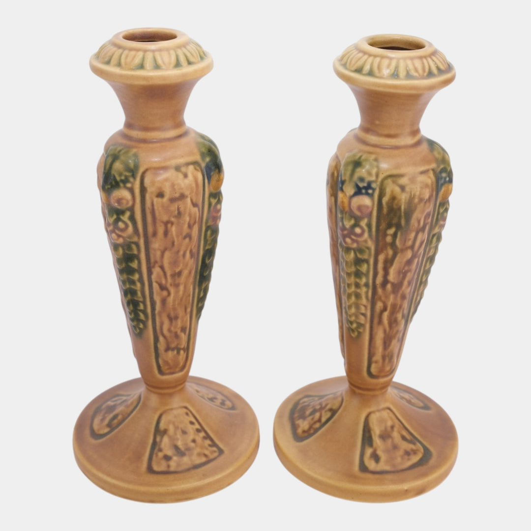 Roseville Florentine Brown 1924 Vintage Art Pottery Candle Holders 1049-8