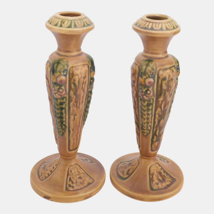 Roseville Florentine Brown 1924 Vintage Art Pottery Candle Holders 1049-8