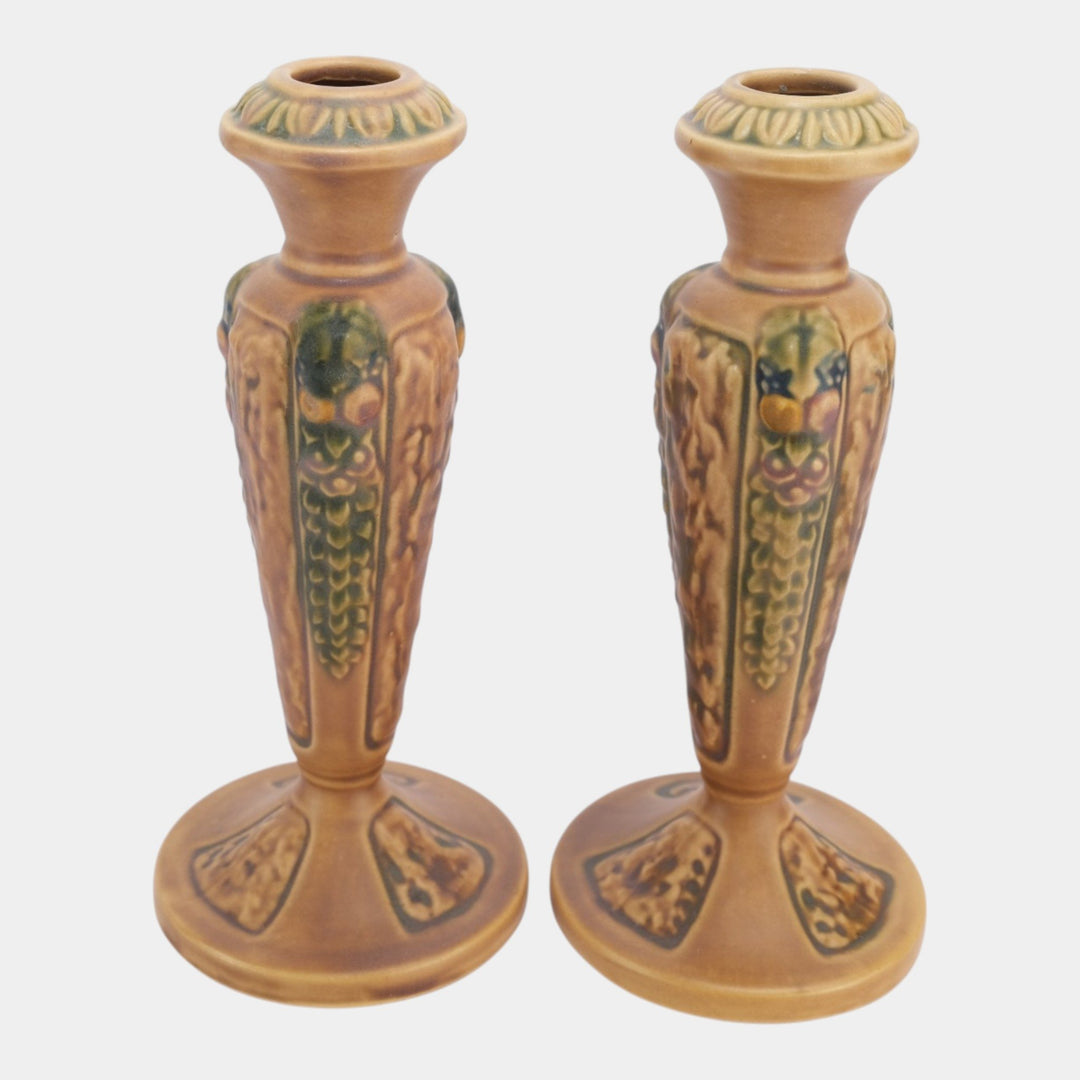 Roseville Florentine Brown 1924 Vintage Art Pottery Candle Holders 1049-8