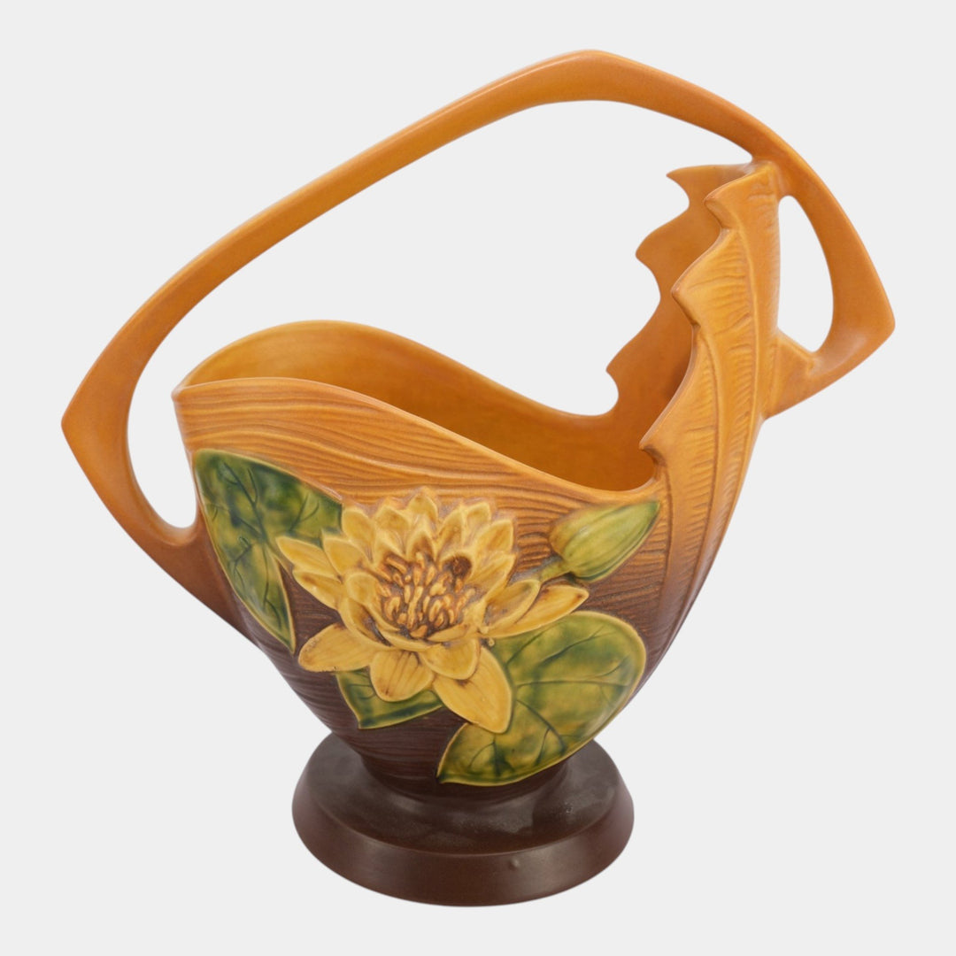 Roseville Water Lily Brown 1943 Vintage Art Deco Pottery Ceramic Basket 382-12