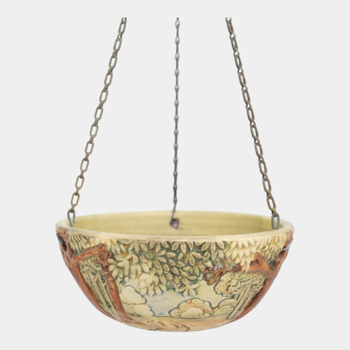 Weller Forest 1920s Vintage Art Pottery Green Ceramic Hanging Basket Planter