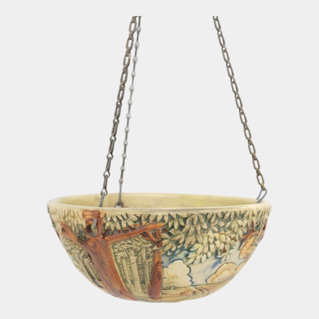 Weller Forest 1920s Vintage Art Pottery Green Ceramic Hanging Basket Planter