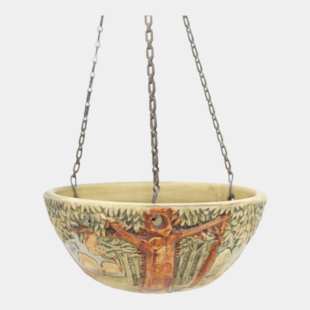 Weller Forest 1920s Vintage Art Pottery Green Ceramic Hanging Basket Planter