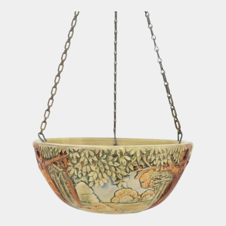 Weller Forest 1920s Vintage Art Pottery Green Ceramic Hanging Basket Planter