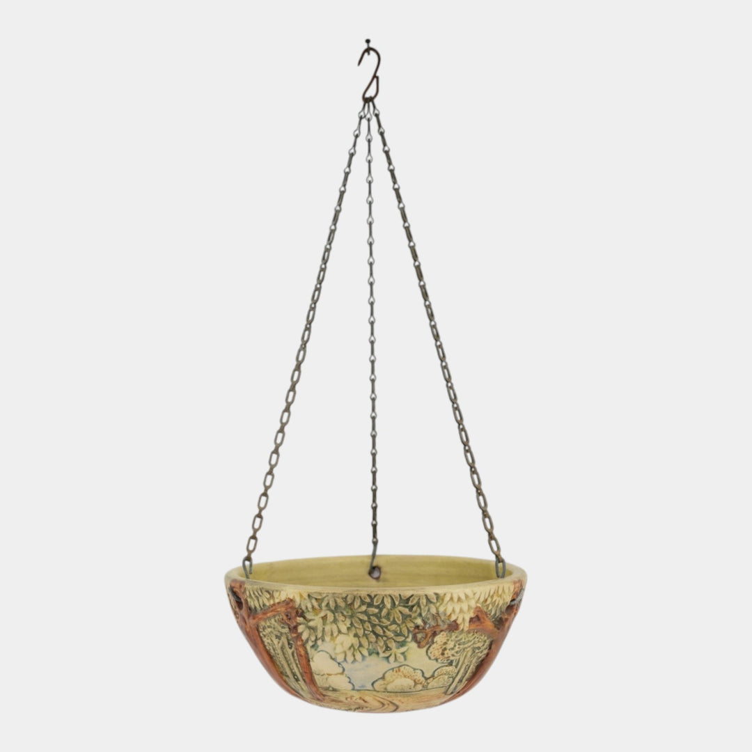 Weller Forest 1920s Vintage Art Pottery Green Ceramic Hanging Basket Planter