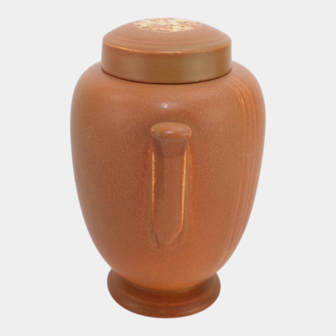 Weller Velva 1920s Vintage Art Deco Pottery Brown Handled Covered Urn Vase