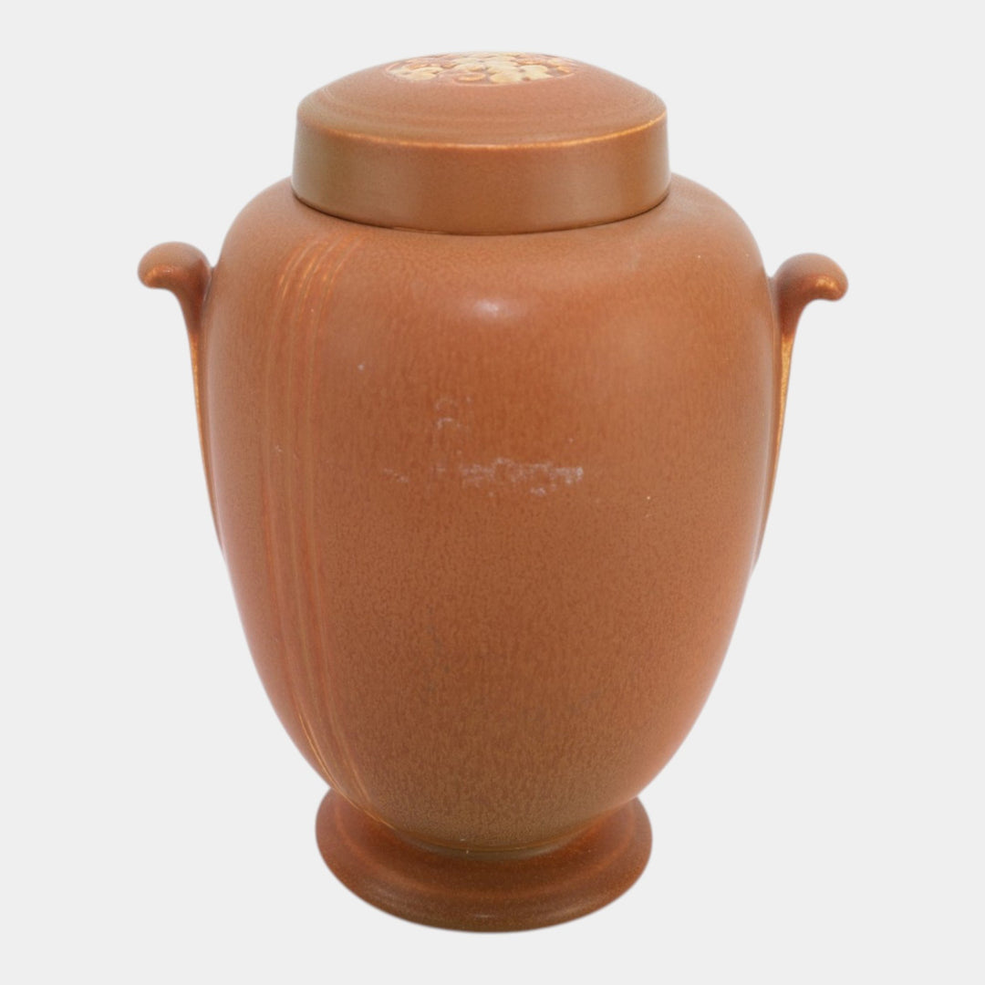 Weller Velva 1920s Vintage Art Deco Pottery Brown Handled Covered Urn Vase