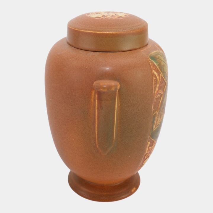 Weller Velva 1920s Vintage Art Deco Pottery Brown Handled Covered Urn Vase