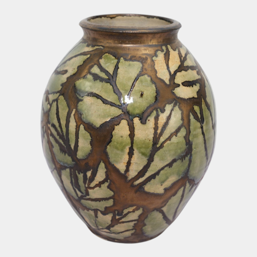 Hog Hill Studio Art Pottery Green Bronze Luster Leaf Decorated Bulbous Vase Fox