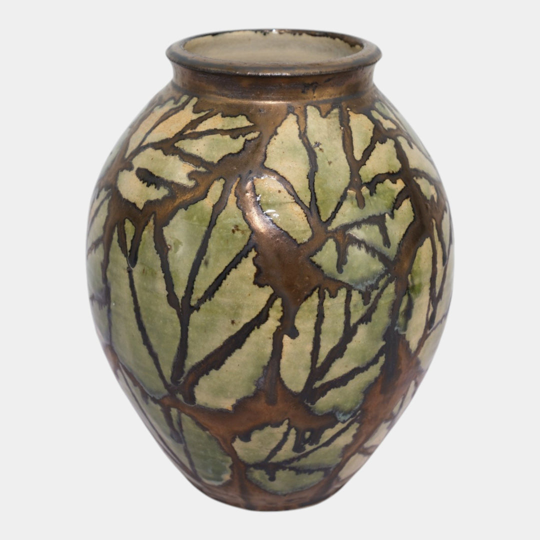 Hog Hill Studio Art Pottery Green Bronze Luster Leaf Decorated Bulbous Vase Fox