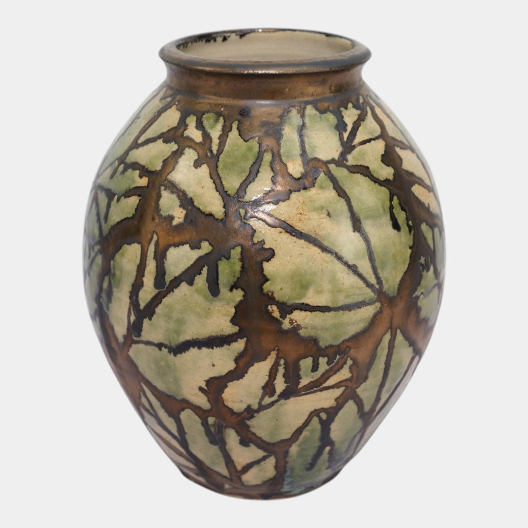 Hog Hill Studio Art Pottery Green Bronze Luster Leaf Decorated Bulbous Vase Fox