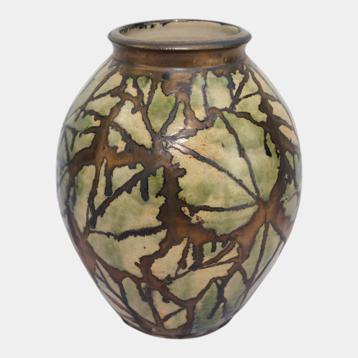 Hog Hill Studio Art Pottery Green Bronze Luster Leaf Decorated Bulbous Vase Fox