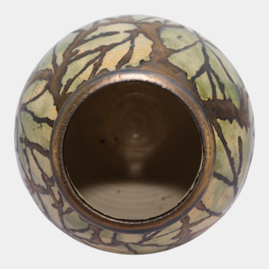 Hog Hill Studio Art Pottery Green Bronze Luster Leaf Decorated Bulbous Vase Fox