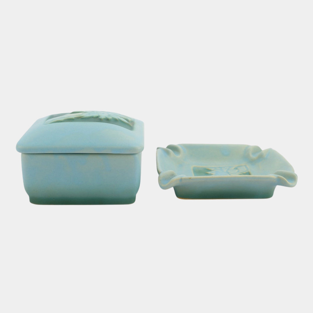 Roseville Silhouette Blue 1950 Vintage Art Pottery Ash Tray Covered Box 799 740
