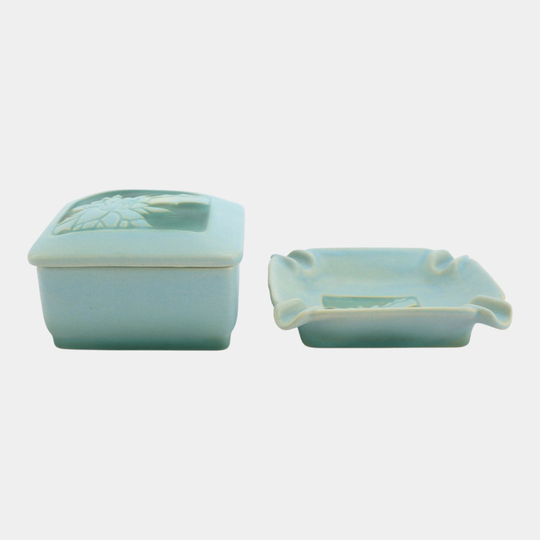 Roseville Silhouette Blue 1950 Vintage Art Pottery Ash Tray Covered Box 799 740