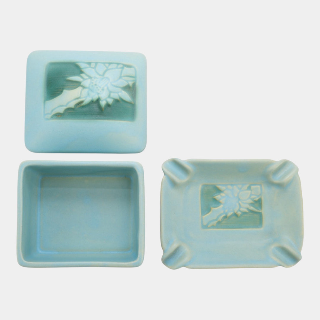 Roseville Silhouette Blue 1950 Vintage Art Pottery Ash Tray Covered Box 799 740