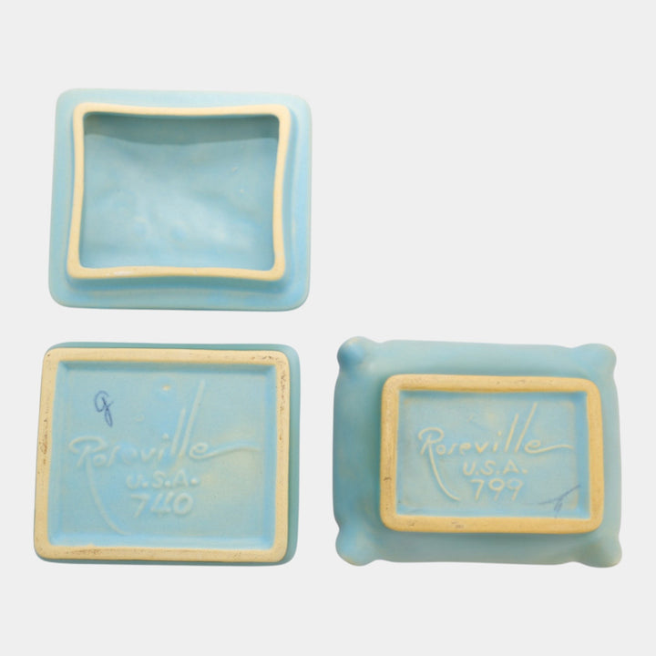 Roseville Silhouette Blue 1950 Vintage Art Pottery Ash Tray Covered Box 799 740