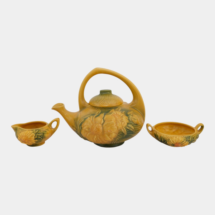 Roseville Peony Yellow 1942 Vintage Art Pottery Tea Pot Creamer Sugar Tea Set