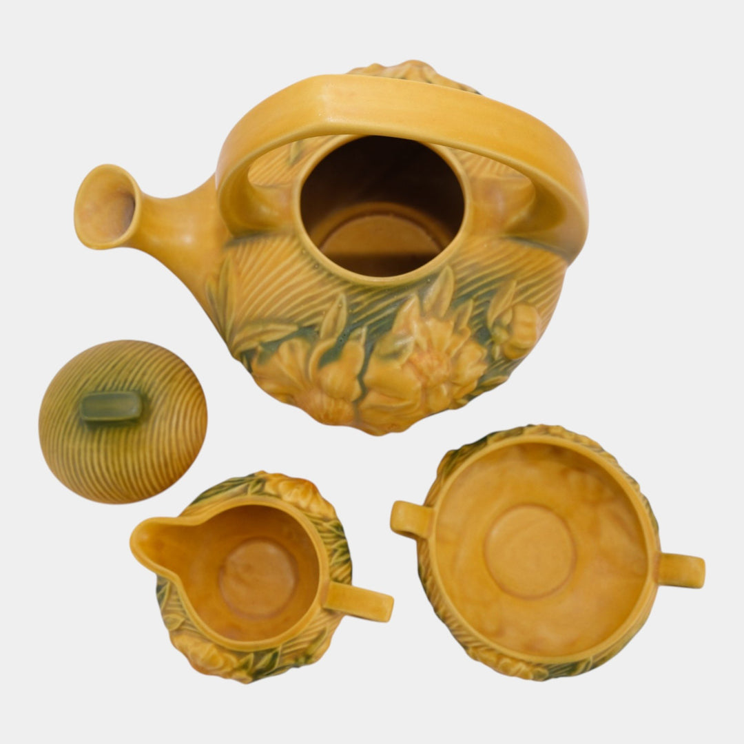 Roseville Peony Yellow 1942 Vintage Art Pottery Tea Pot Creamer Sugar Tea Set
