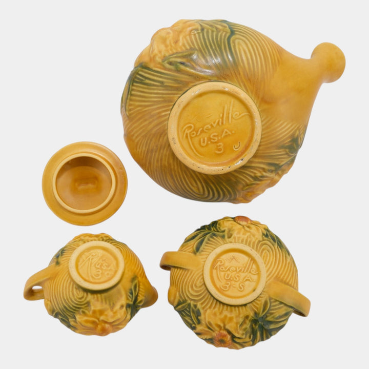 Roseville Peony Yellow 1942 Vintage Art Pottery Tea Pot Creamer Sugar Tea Set