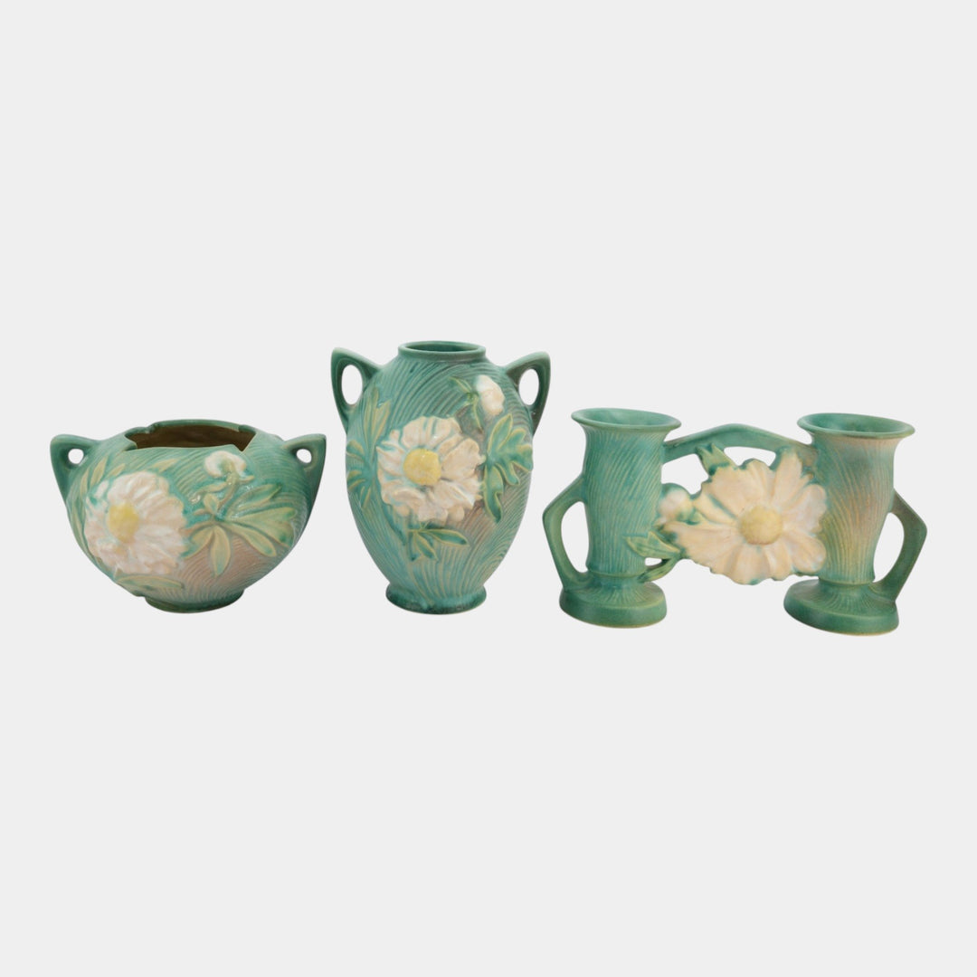 Roseville Peony Green 1942 Vintage Art Pottery Vase Double Bud Vase