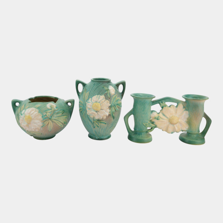 Roseville Peony Green 1942 Vintage Art Pottery Vase Double Bud Vase