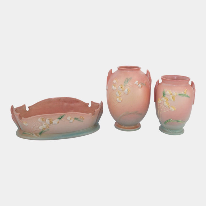 Roseville Ixia Pink 1937 Vintage Art Deco Pottery Bowl Vases 330-9 855-7 853-6
