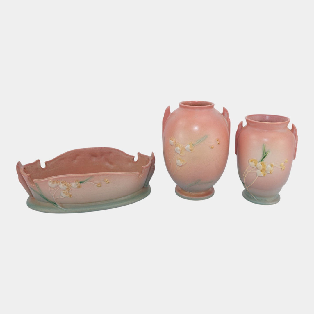 Roseville Ixia Pink 1937 Vintage Art Deco Pottery Bowl Vases 330-9 855-7 853-6