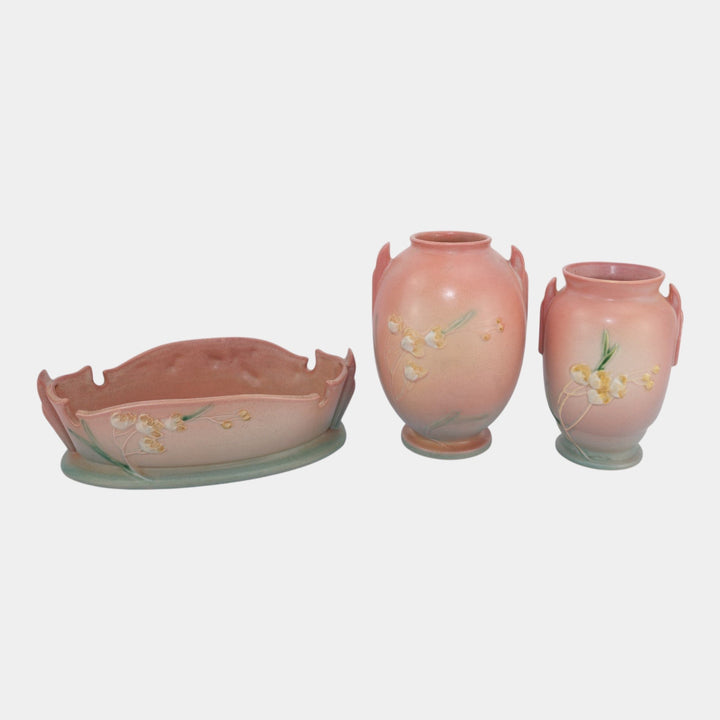 Roseville Ixia Pink 1937 Vintage Art Deco Pottery Bowl Vases 330-9 855-7 853-6