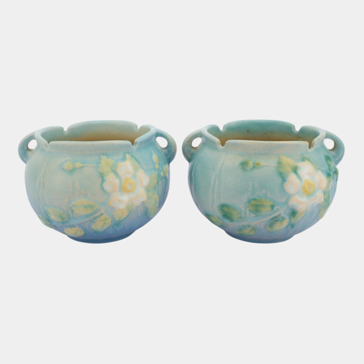 Roseville White Rose Blue 1940 Vintage Art Pottery Ceramic Jardinieres 653-3