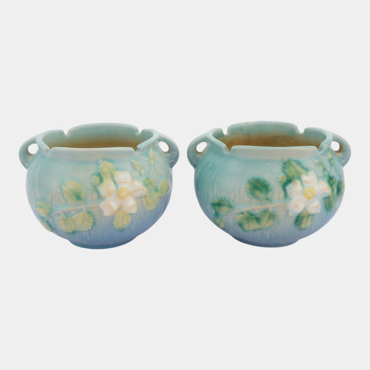 Roseville White Rose Blue 1940 Vintage Art Pottery Ceramic Jardinieres 653-3