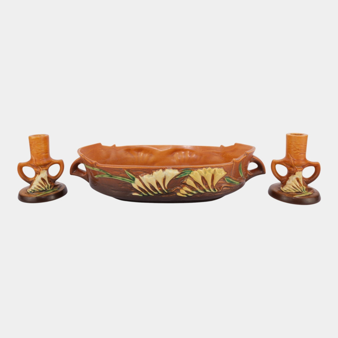 Roseville Freesia Brown 1945 Art Pottery Bowl And Candle Holders Console Set