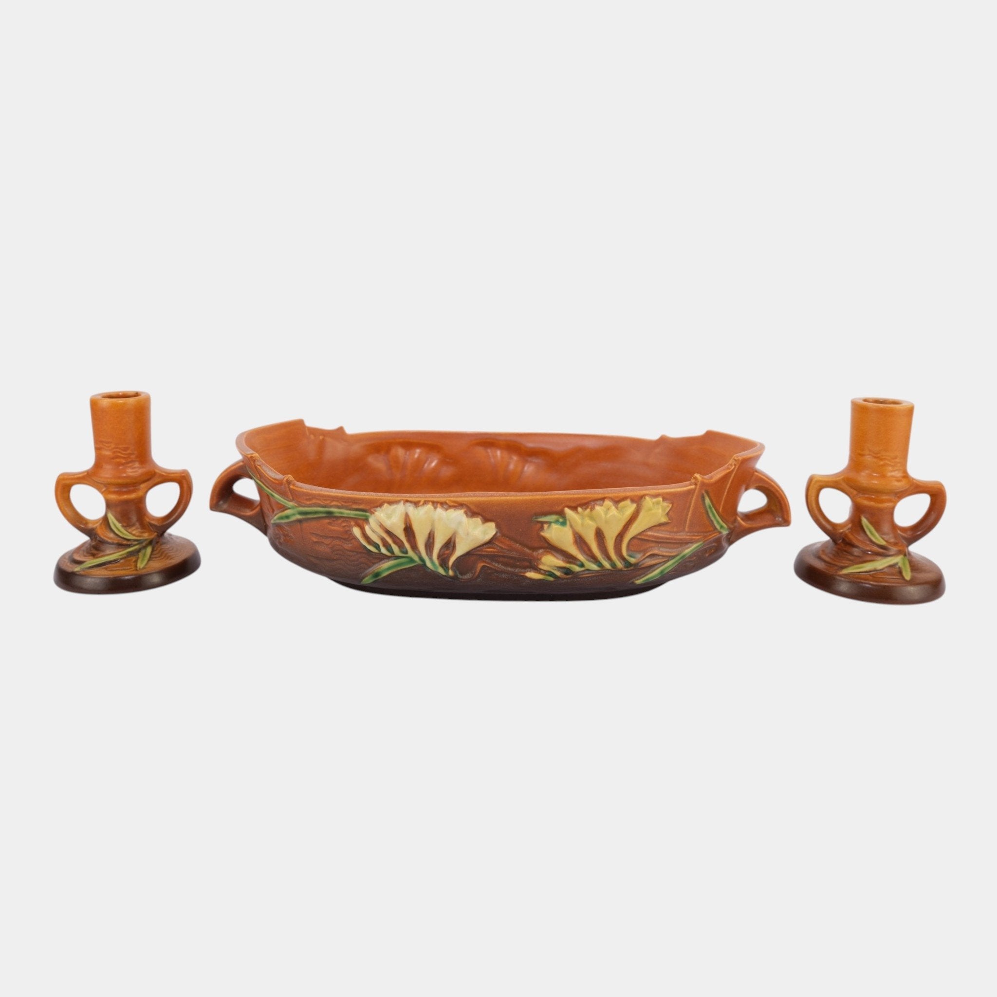 Roseville Freesia Brown 1945 Art Pottery Bowl And Candle Holders