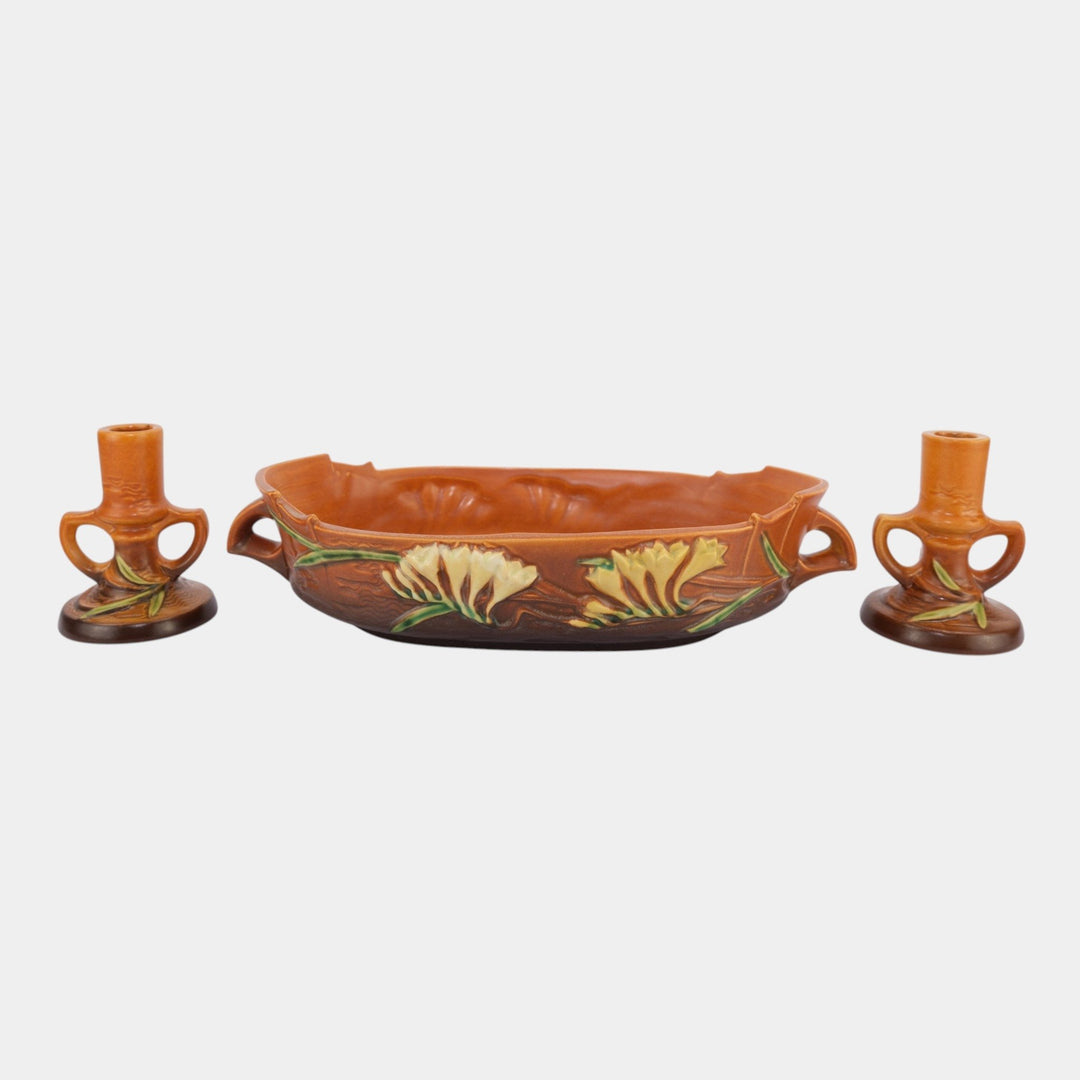 Roseville Freesia Brown 1945 Art Pottery Bowl And Candle Holders Console Set