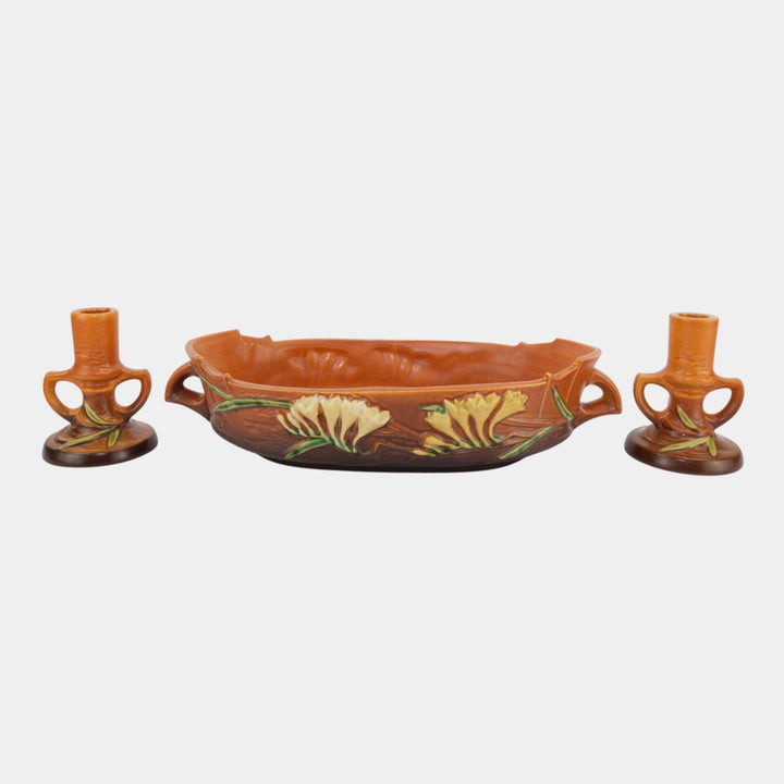 Roseville Freesia Brown 1945 Art Pottery Bowl And Candle Holders Console Set