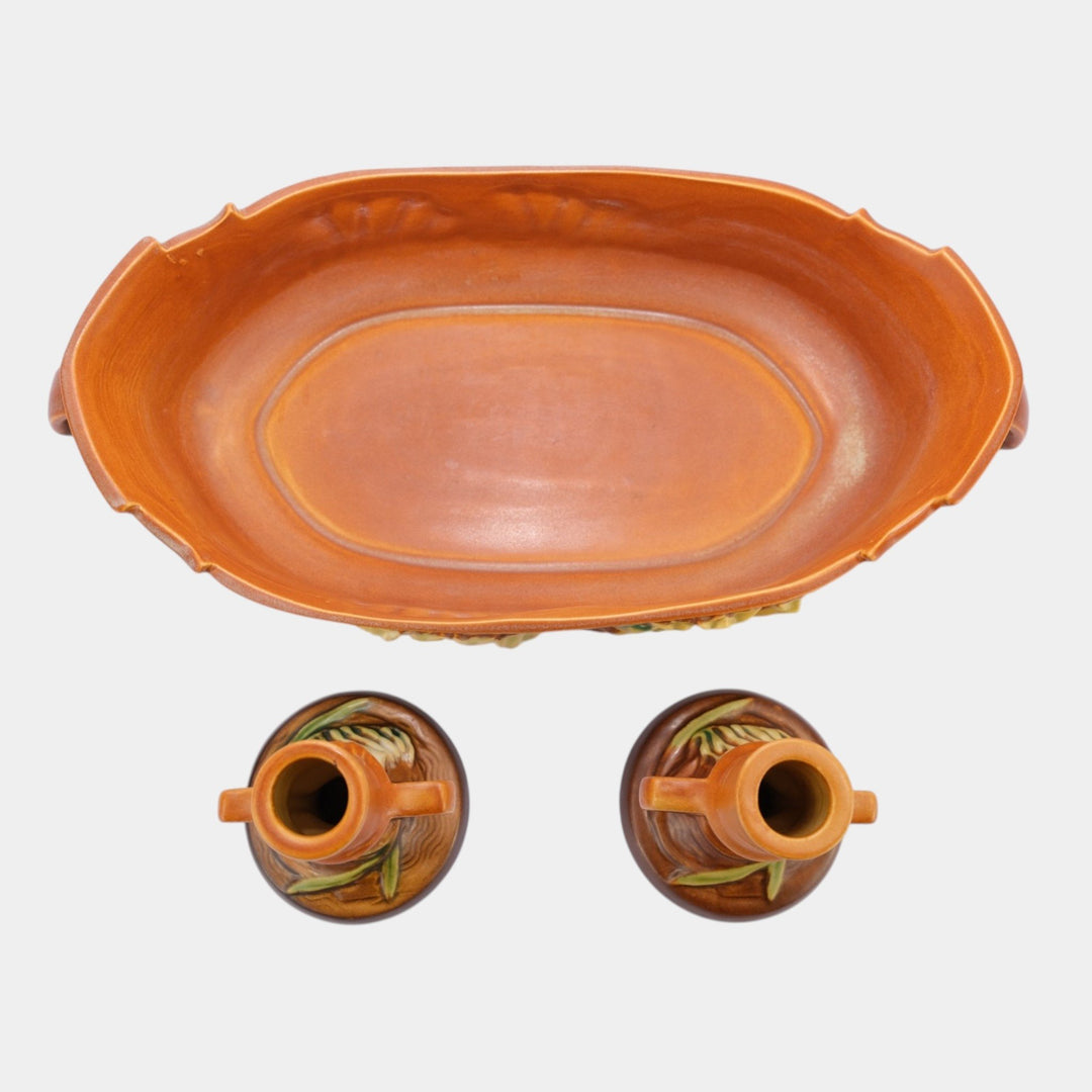 Roseville Freesia Brown 1945 Art Pottery Bowl And Candle Holders Console Set