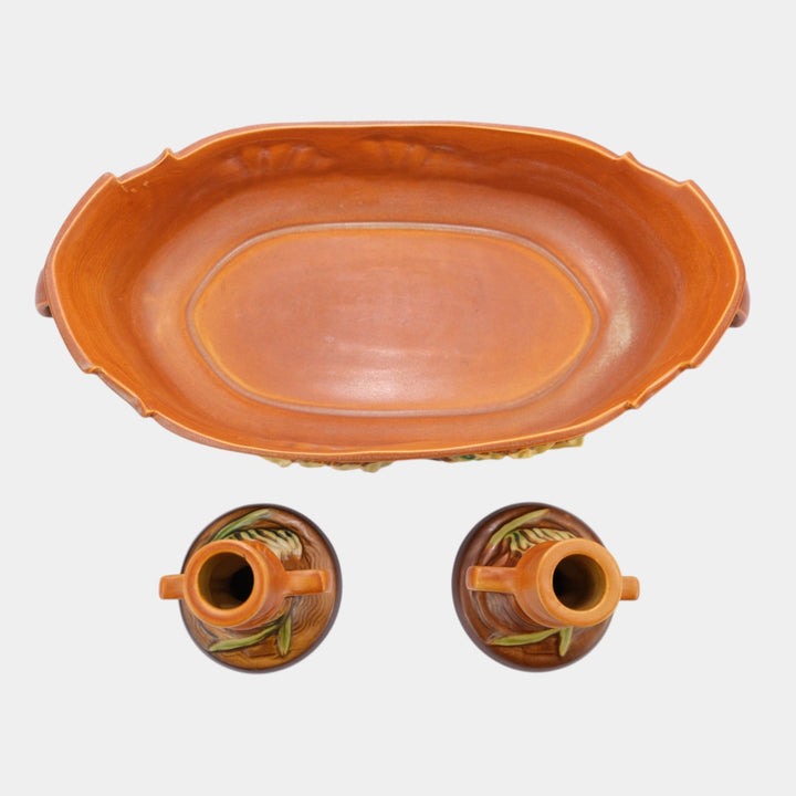 Roseville Freesia Brown 1945 Art Pottery Bowl And Candle Holders Console Set