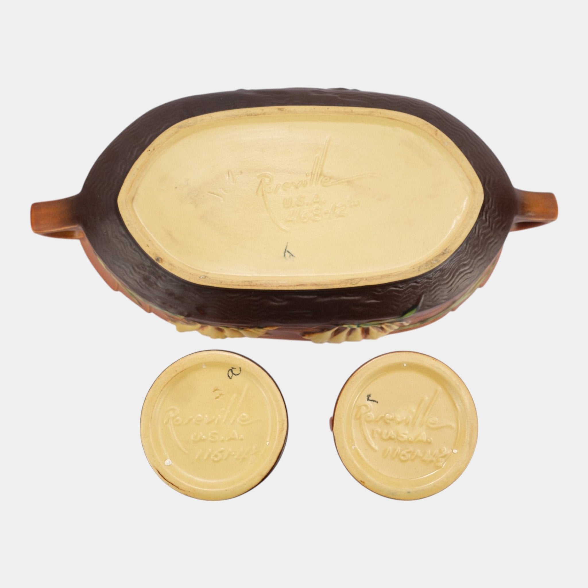 スペイン陶器　Porta Celi　ミッドセンチュリーデザイン Roseville Freesia Brown 1945 Art Pottery Bowl And Candle Holders