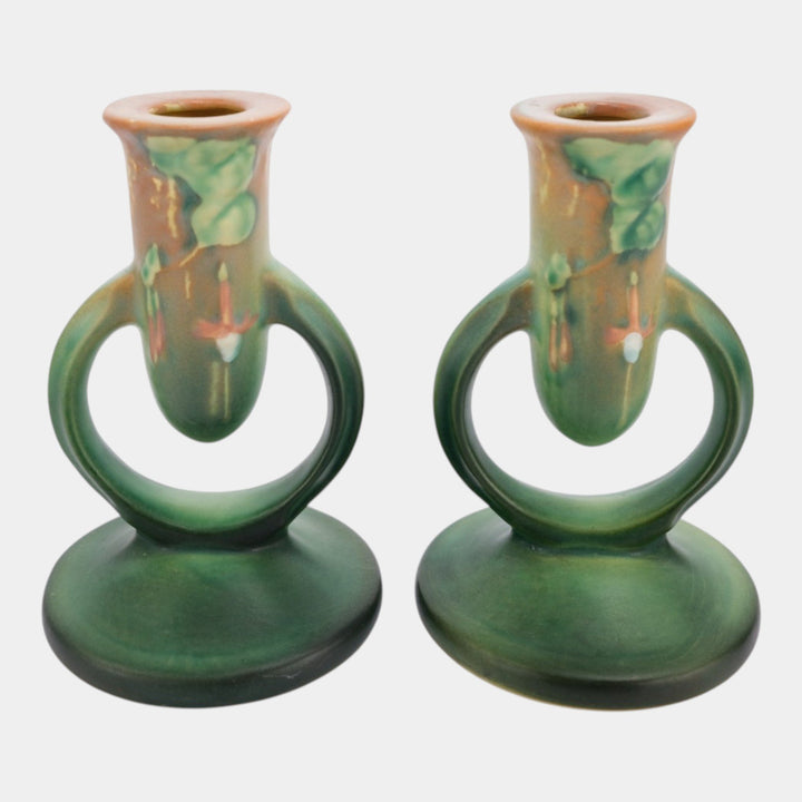 Roseville Fuchsia Green 1938 Vintage Art Pottery Ceramic Candle Holders 1133-5