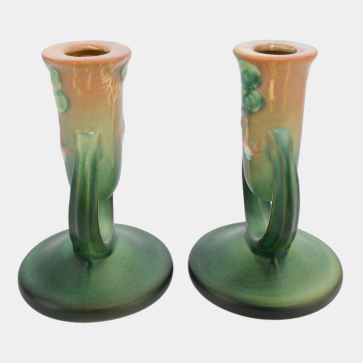 Roseville Fuchsia Green 1938 Vintage Art Pottery Ceramic Candle Holders 1133-5