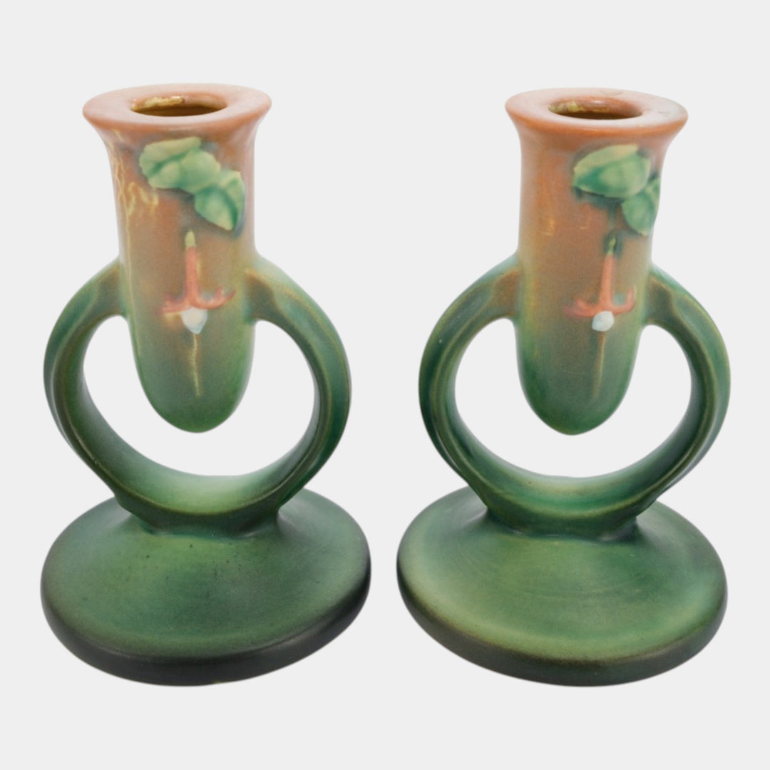 Roseville Fuchsia Green 1938 Vintage Art Pottery Ceramic Candle Holders 1133-5